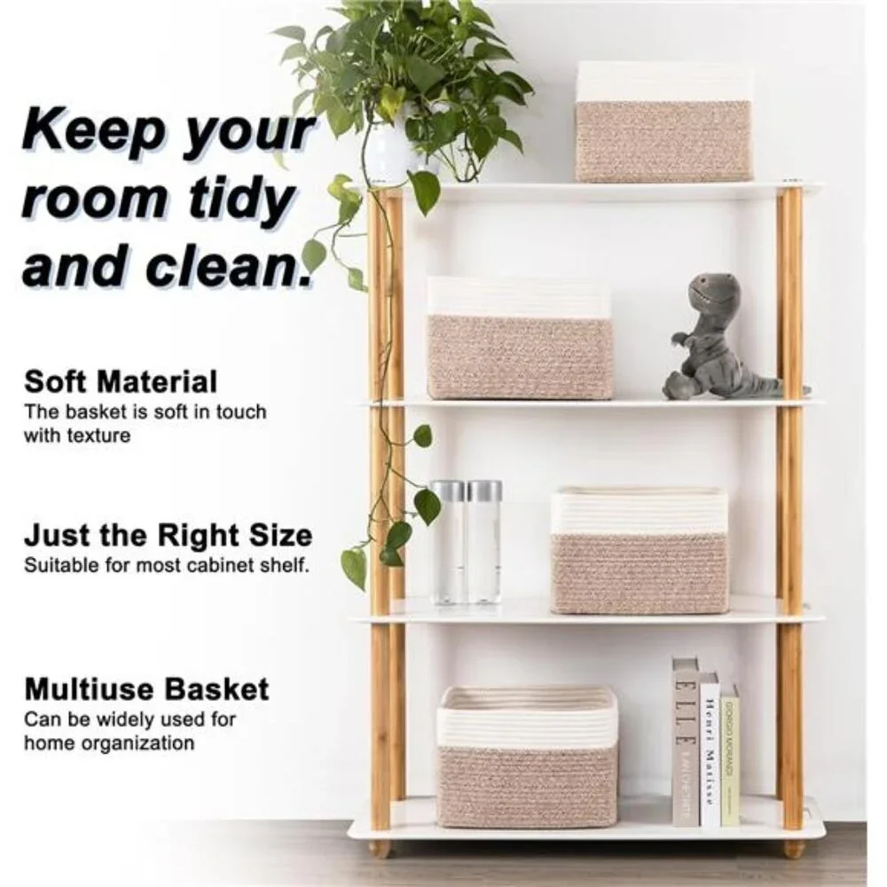Woven Storage Baskets Set of 4 Cotton Rope Organizer Bins for Shelves Closet